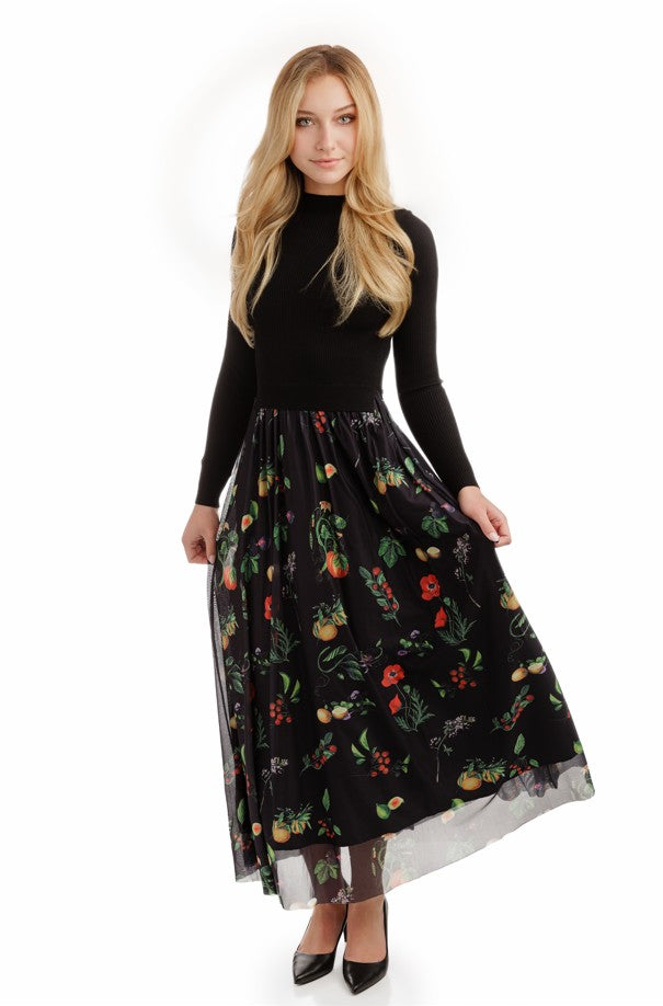 LA SIMONA MESH PRINTED BOTTOM DRESS W KNIT TOP