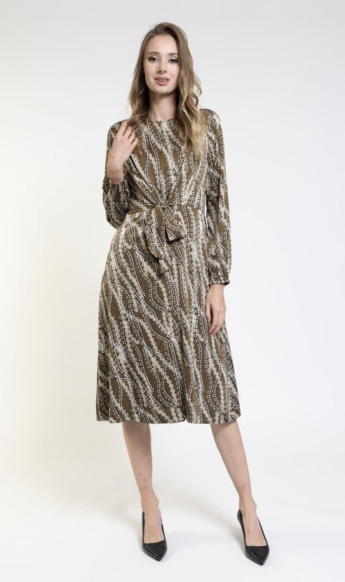 METALLIC TRACK PRINT TIE DRESS