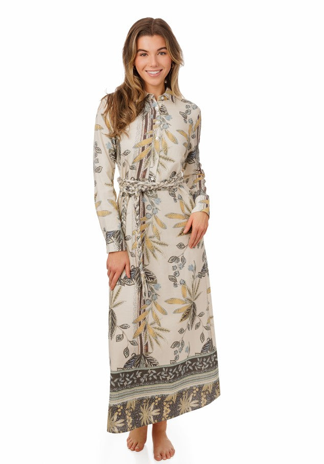 LINK + LUXE LINEN LEAF PRINT DRESS W BRAIDED BELT