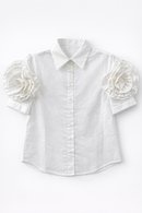 ATTIRE BUTTONDOWN TOP W FLOWER ON SLEEVES