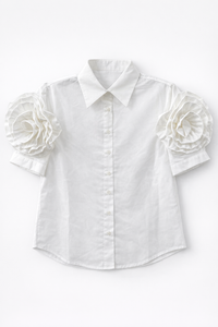 ATTIRE BUTTONDOWN TOP W FLOWER ON SLEEVES