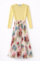 BY CELINE COMBO FABRIC PLEATED FLORAL BOTTOM DRESS