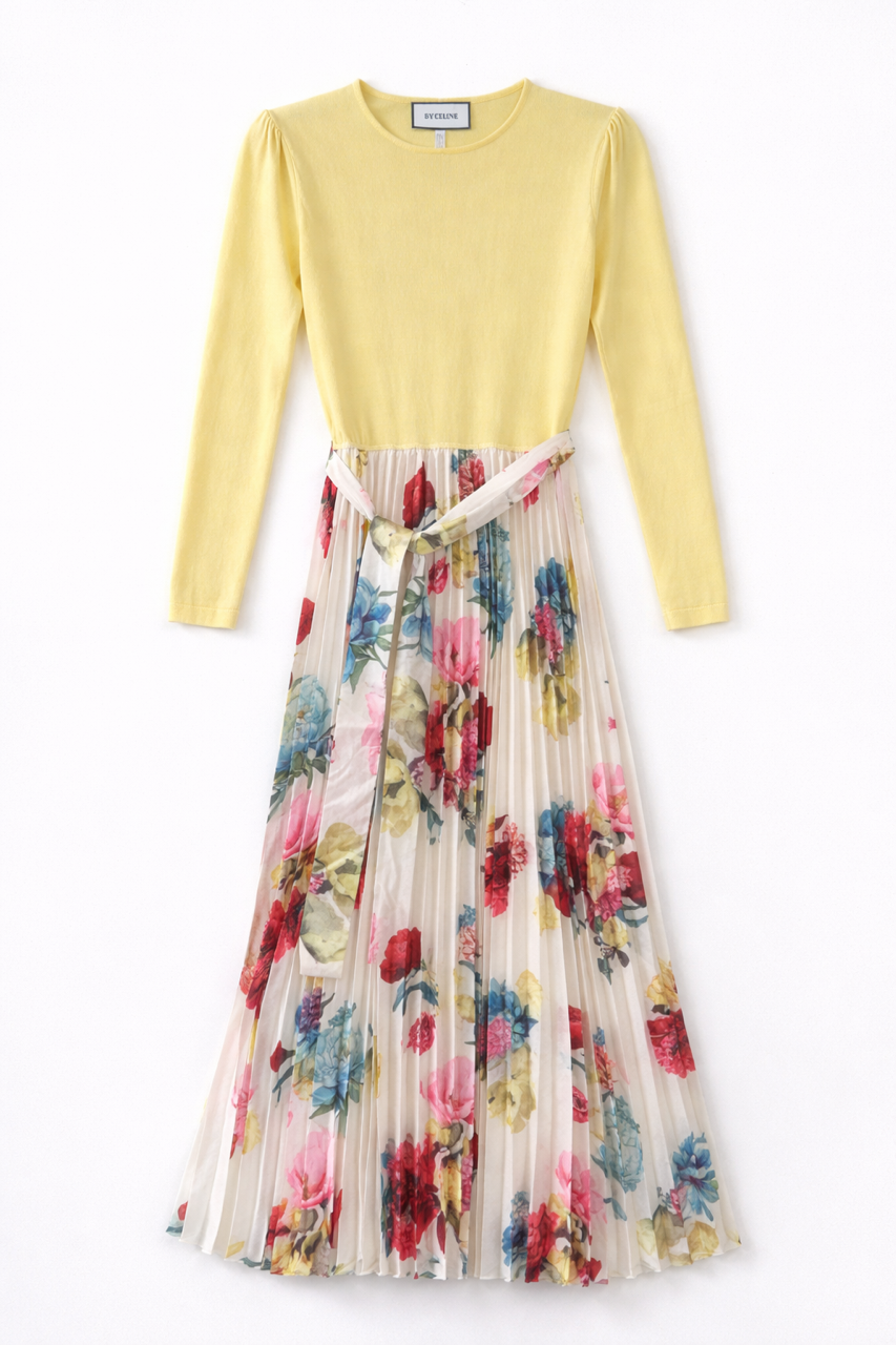 BY CELINE COMBO FABRIC PLEATED FLORAL BOTTOM DRESS