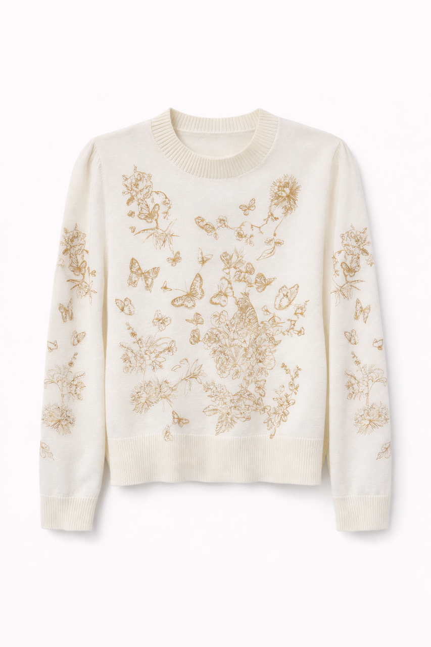 FRENCH MASON BUTTERFLY EMBROIDERED KNIT TOP