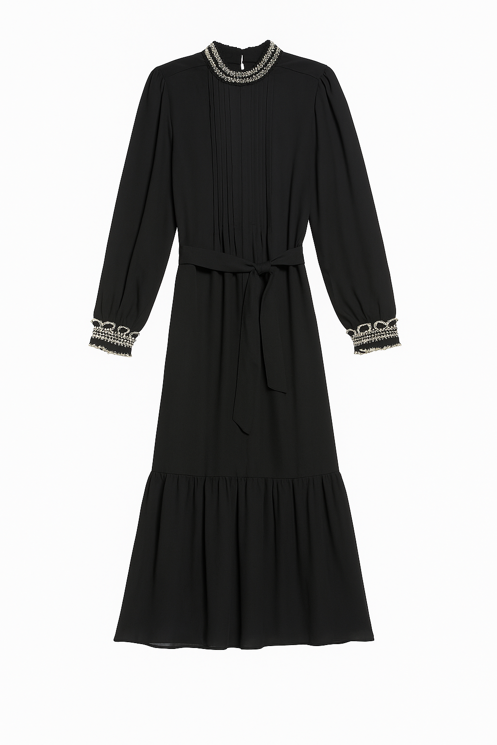 LOVE BY CHLOE PLEATED BELTED DRESS W EMBROIDERED CUFFS AND NECKLINE