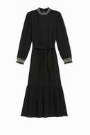 LOVE BY CHLOE PLEATED BELTED DRESS W EMBROIDERED CUFFS AND NECKLINE