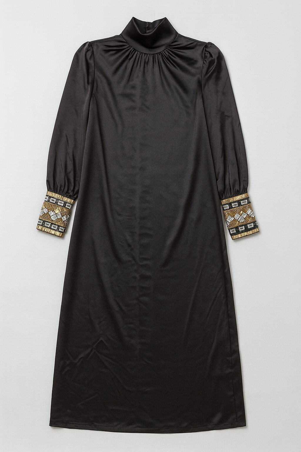 WRONG SIDE OF RIGHT SILKY TURTLNECK DRESS W EMBELLISHED CUFFS