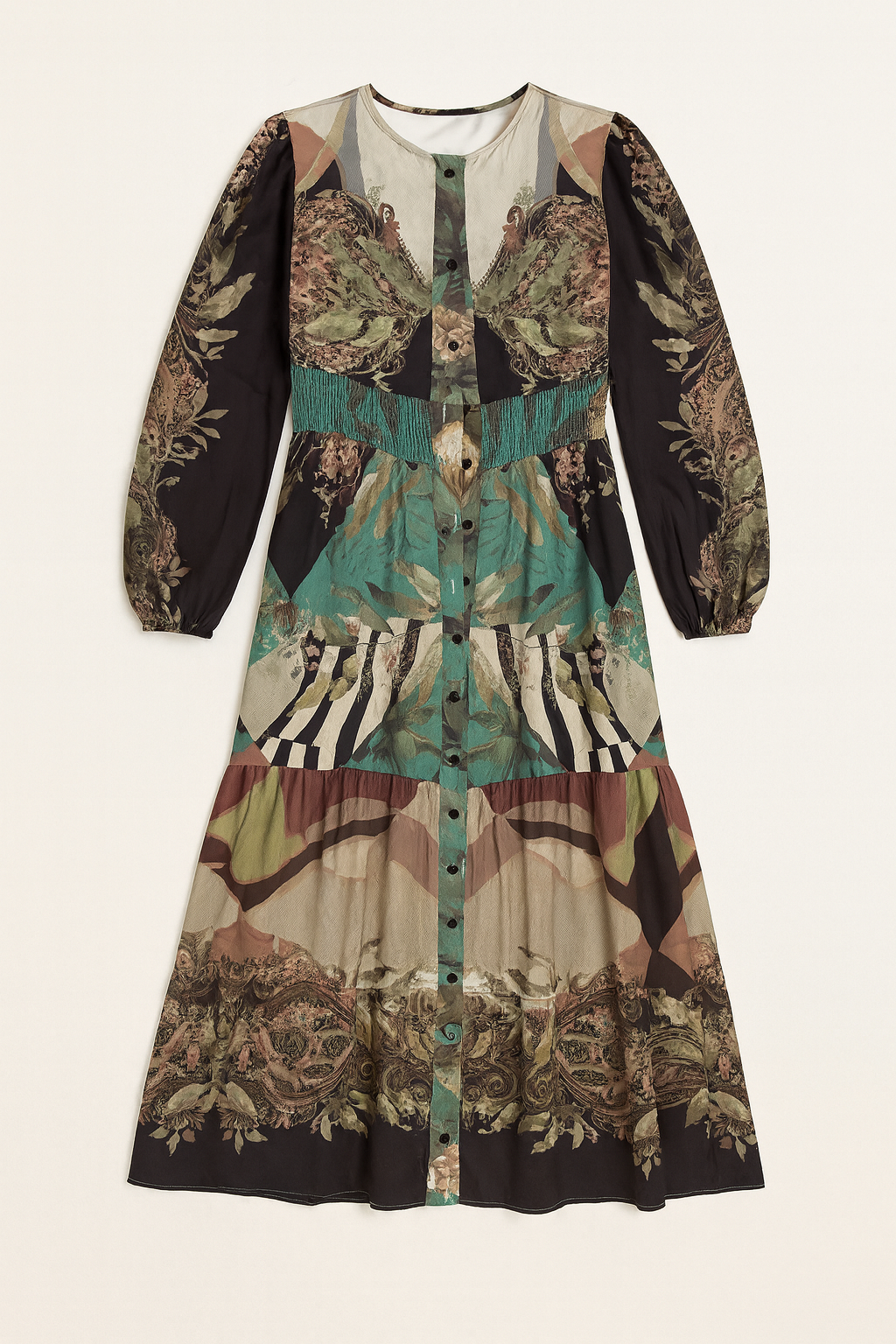 WRONG SIDE OF RIGHT PAISLEY SMOCKED PRINTED TIERED DRESS