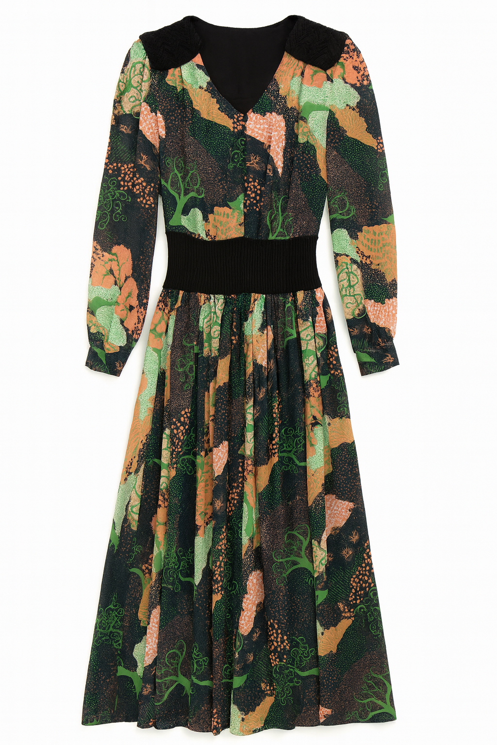 WRONG SIDE OF RIGHT PRINTED DRESS W KNIT SHOULDERS AND WAIST