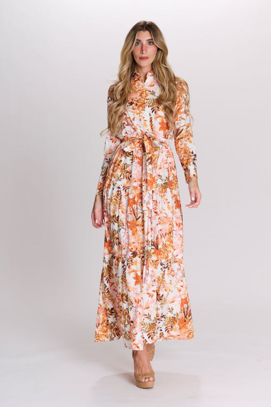 LANGDON PRINTED TIERED BELTED DRESS