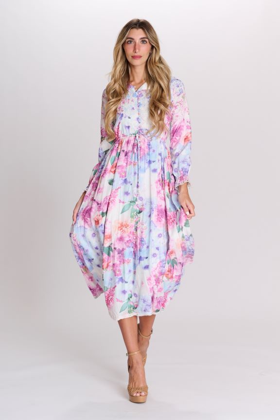 LANGDON EMBROIDERED BUTTONDOWN WATERCOLOR DRESS