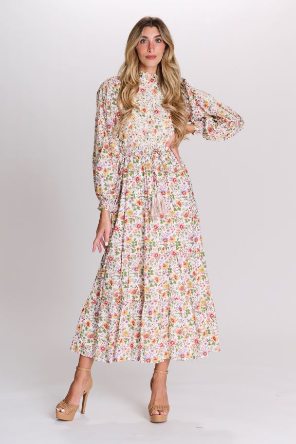 LANGDON FLORAL DRESS W LACE TRIM & TASSEL BELT