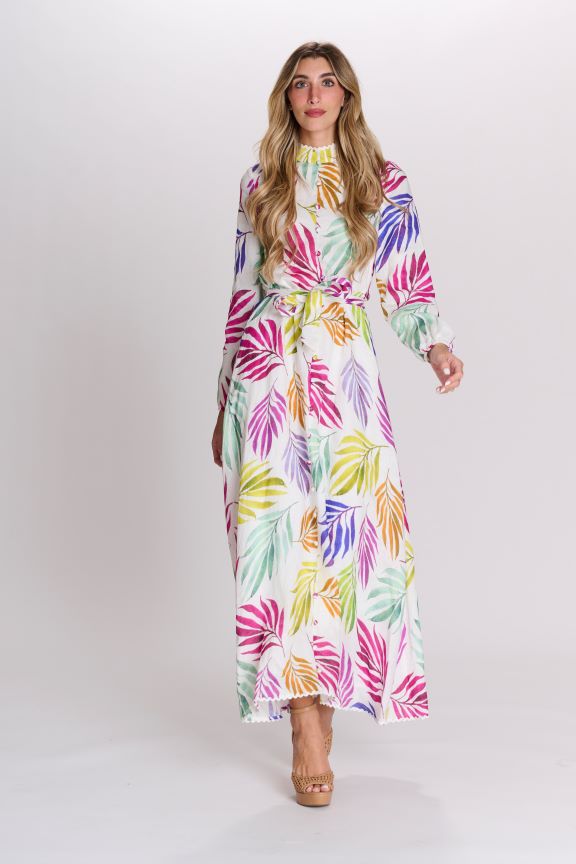 LANGDON LINEN LEAF PRINTED DRESS