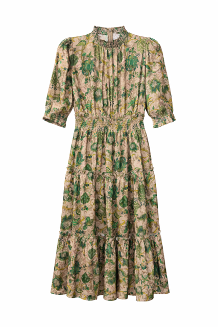 GOLD THREADS SMOCKED TIERED SILKY DRESS