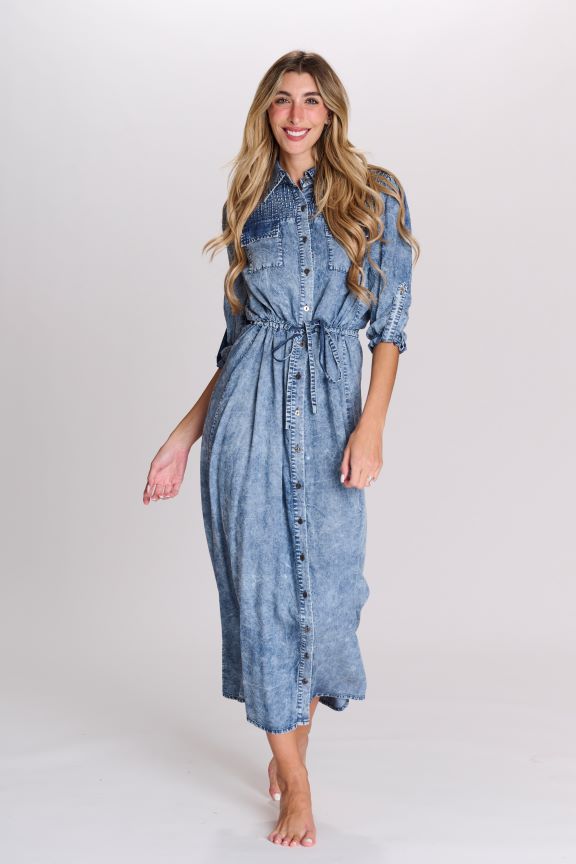 PAPER PARACHUTE DRAWSTRING DENIM DRESS W SHOULDER & BIB  DETAIL