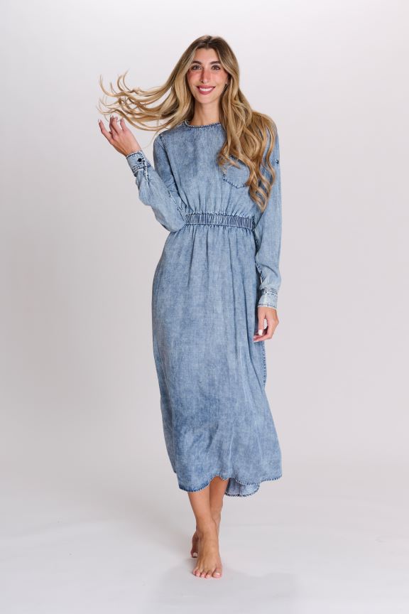 PAPER PARACHUTE CHAMBRAY BELTED SCRUNCH DRESS W SMALL POCKET
