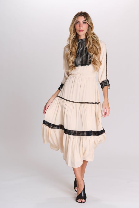 PAPER PARACHUTE TIERED DRESS W BIB & BLACK TRIM