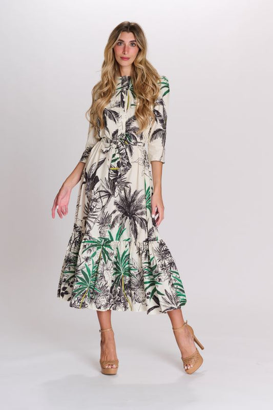 PAPER PARACHUTE TROPICAL TREE PRINTED DRESS W POCKETS AND BELT