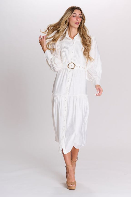 PAPER PARACHUTE BUTTON DOWN DRESS W BELT & FAUX MINI PLEATS