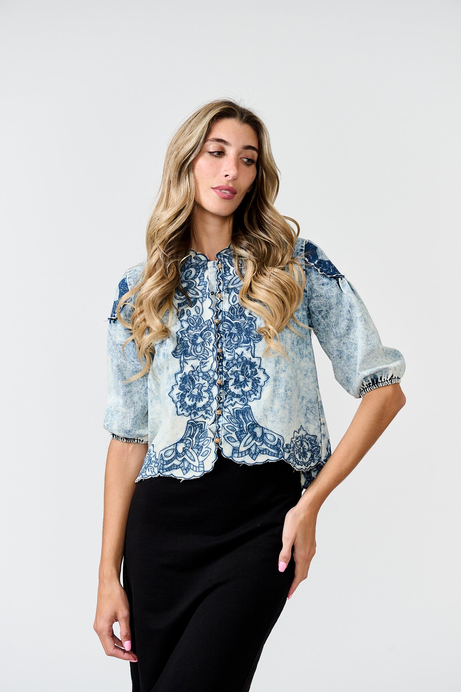 PAPER PARACHUTE EMBROIDERED DENIM BLOUSE W GOLD BUTTONS