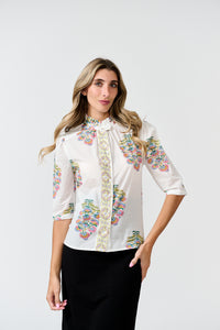 PAPER PARACHUTE SHEER RUFFLE NECK FLORAL BUTTONDOWN TOP