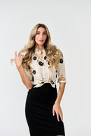 PAPER PARACHUTE RUFFLE NECK SHEER PRINT BUTTONDOWN TOP