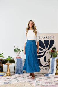 PAPER PARACHUTE PANELED DENIM SKIRTS
