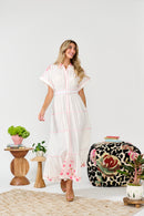 PAPER PARACHUTE TIERED EMBROIDERED BELTED DRESS