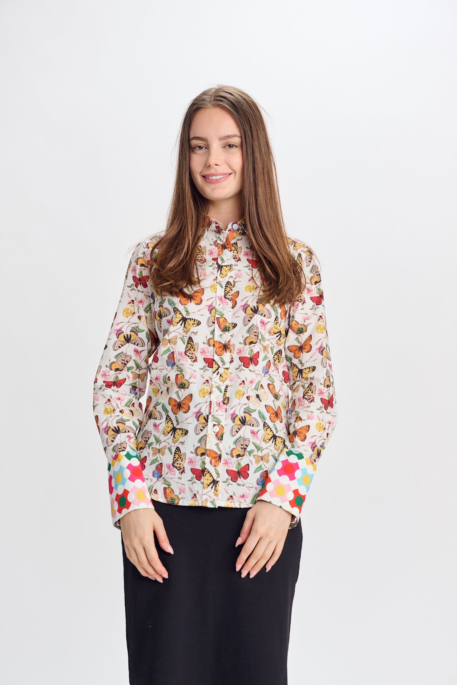 PAPAER PARACHUTE PRINTED BUTTERFLIES BUTTONDOWN SHIRT W COMBO CUFFS