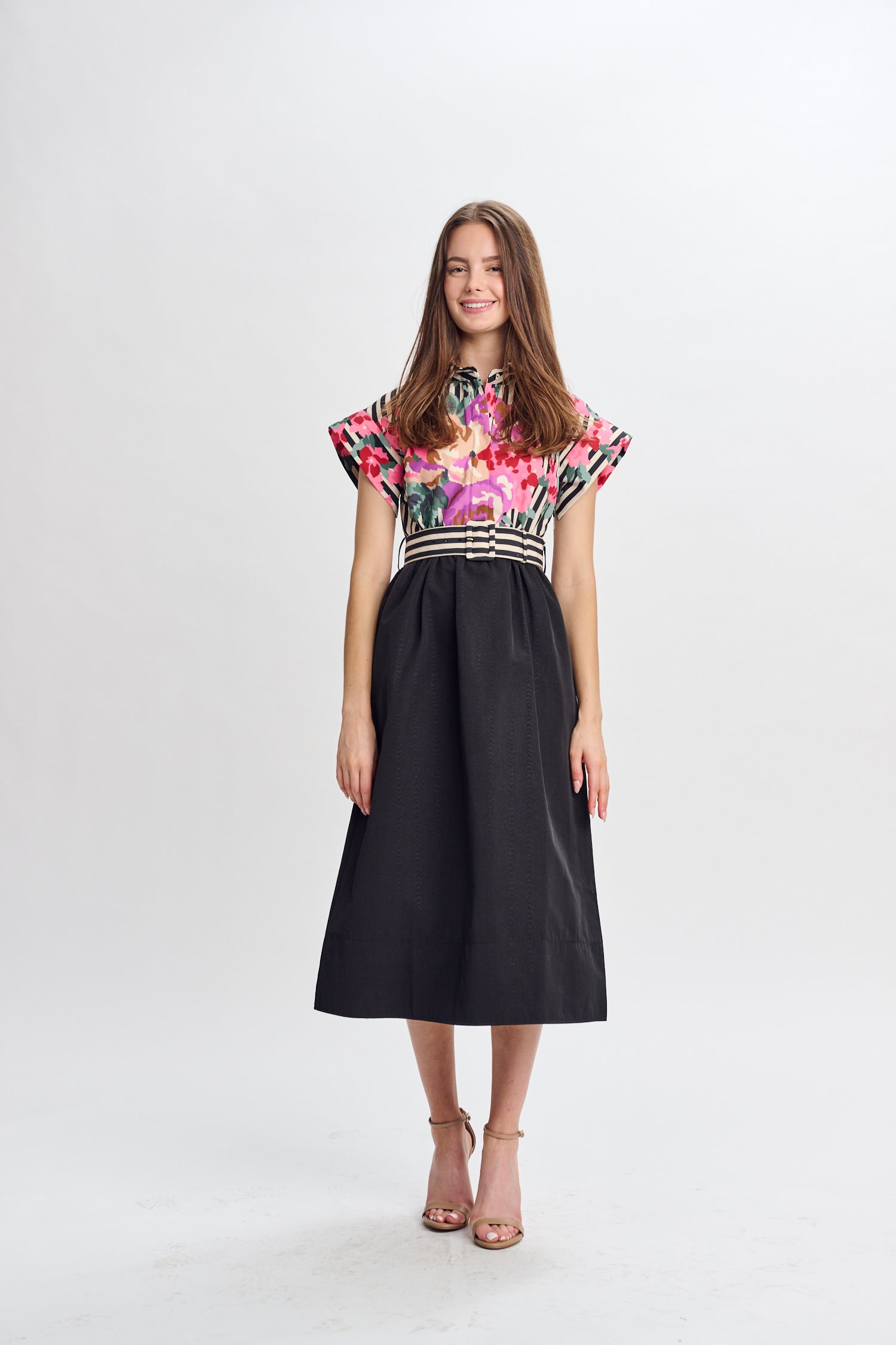 PAPER PARACHUTE VIBRANT FLORAL PRINT DRESS W STRIPE & BELT