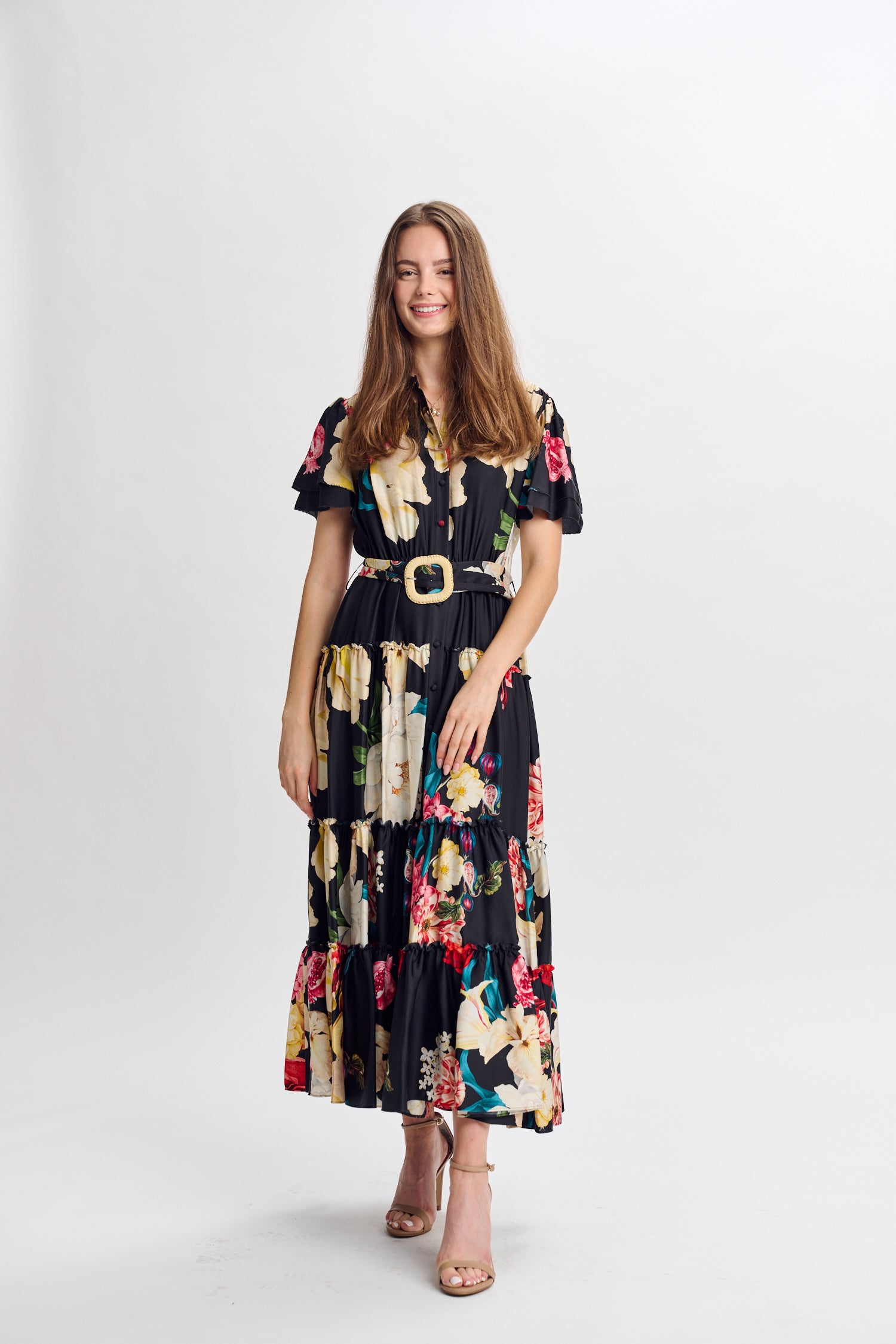 PAPER PARACHUTE FLORAL BELTED SHORT SLEEVE DRESS