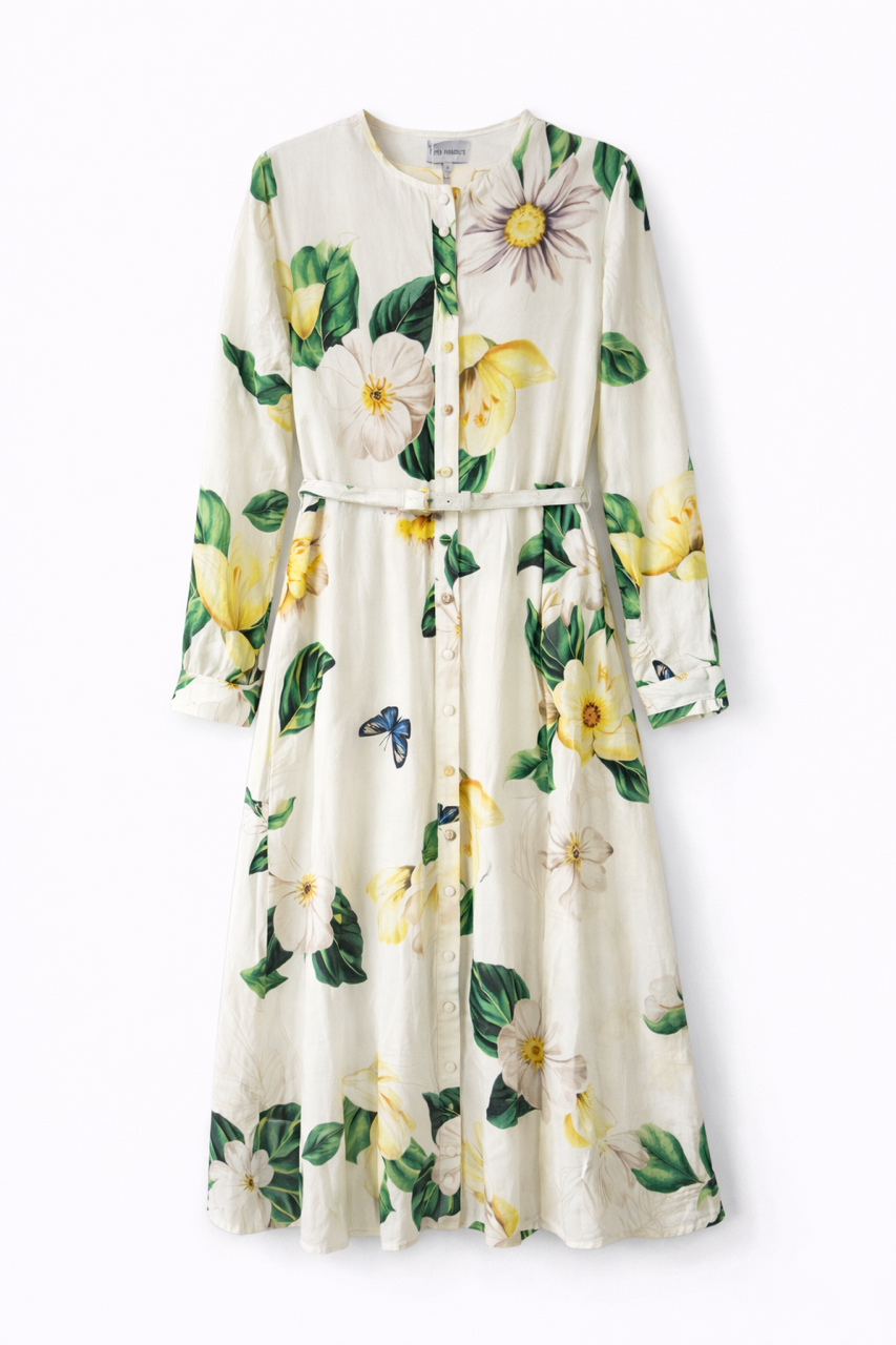 PAPER PARACHUTE BUTTONDOWN PRINTED FLOWERS DRESS W BELT