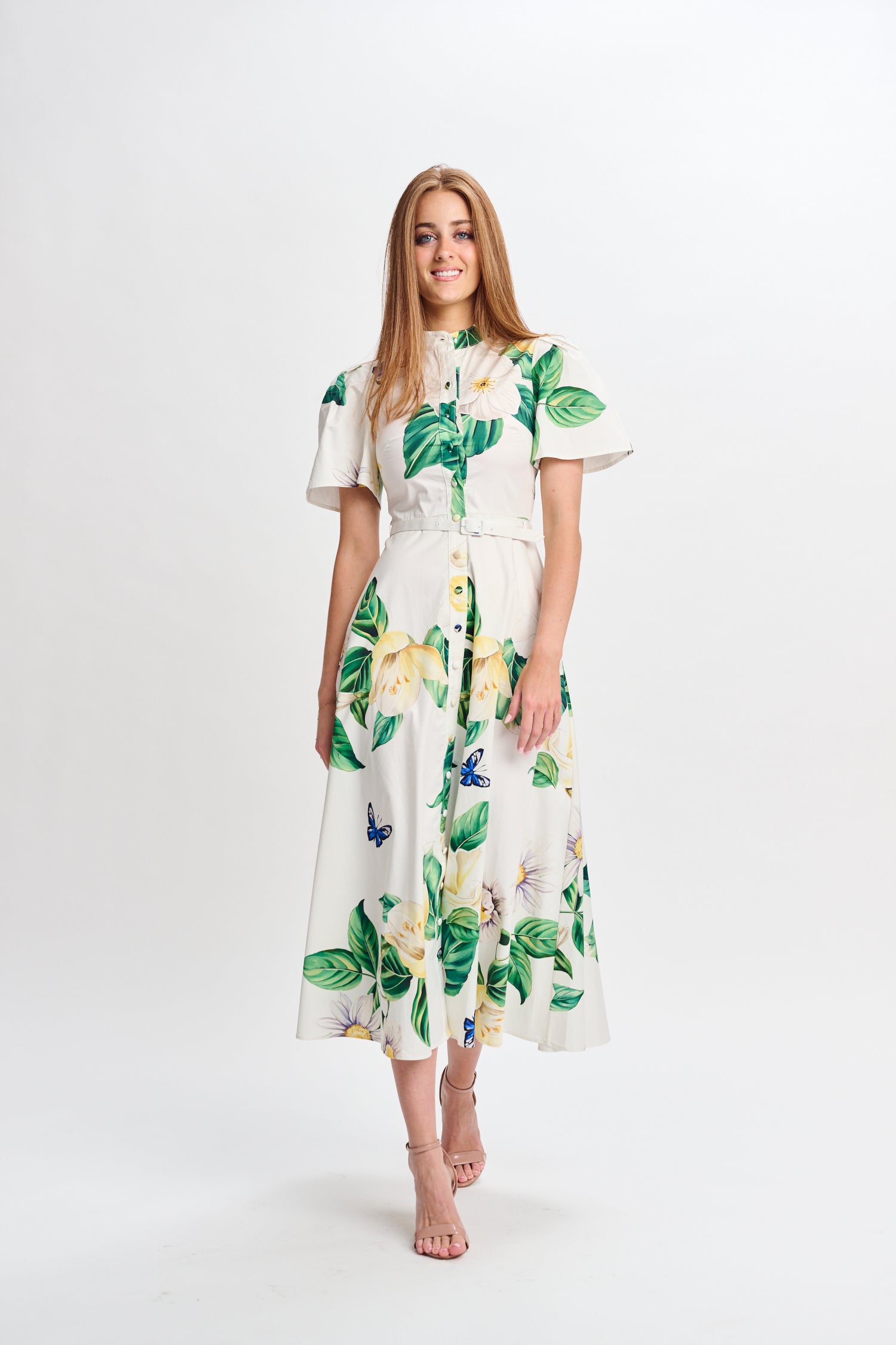 PAPER PARACHUTE BUTTONDOWN PRINTED FLOWERS DRESS W BELT