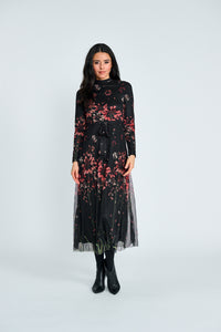 PAPER PARACHUTE MESH FLORAL PLEATED BELTED DRESS