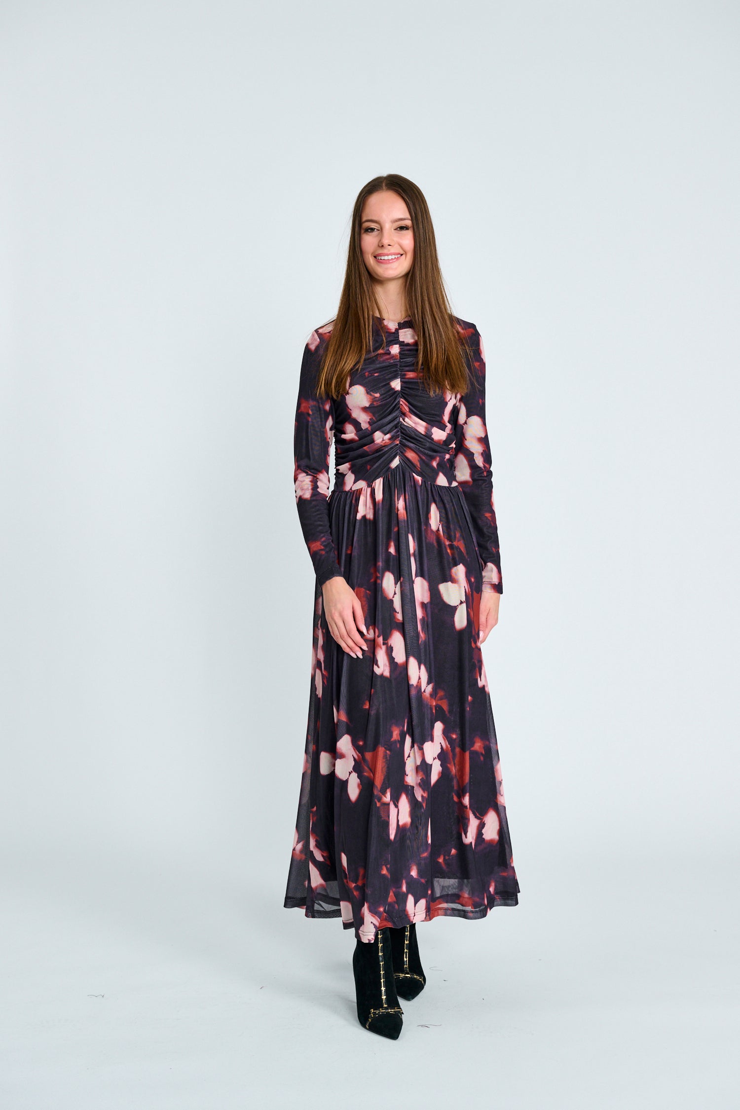 PAPER PARACHUTE PRINTED MESH DRESS W GATHERED BODICE