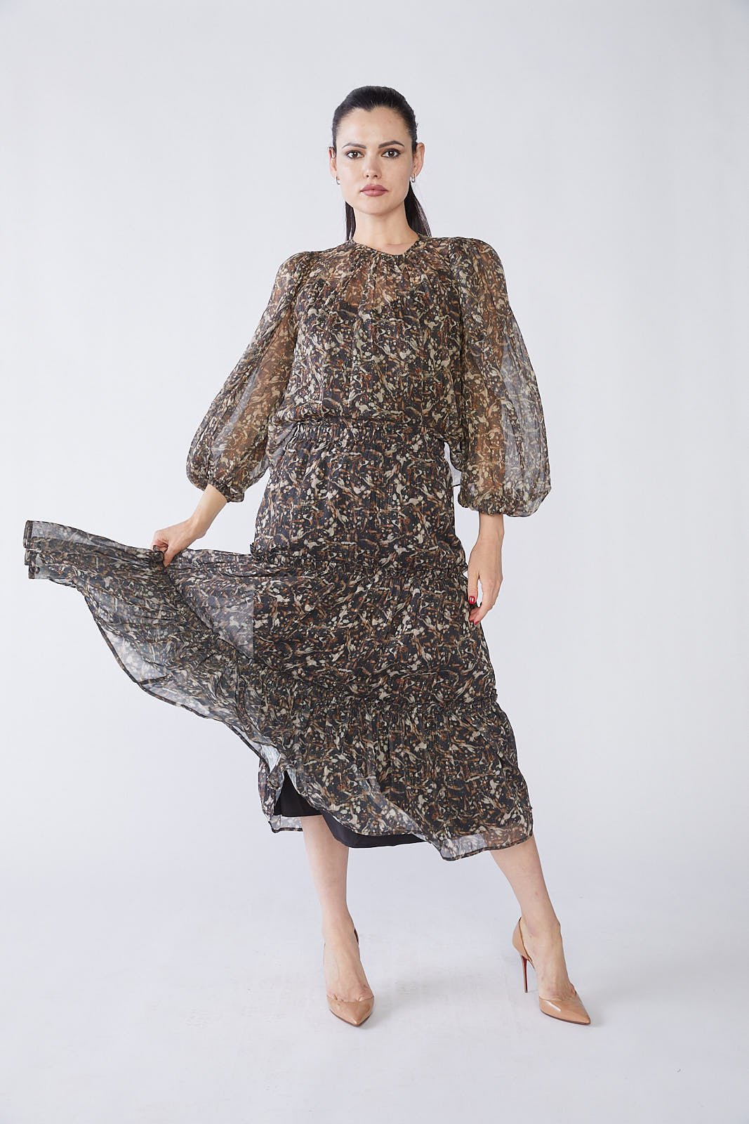 PAPER PARACHUTE CAMO PRINT RUFFLED SKIRT W BUBBLE SLEEVE TOP