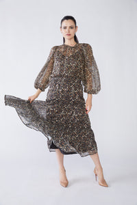 PAPER PARACHUTE CAMO PRINT RUFFLED SKIRT W BUBBLE SLEEVE TOP