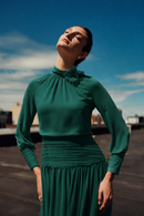 CELINA`S FLOWER APPLIQUE CREPE DRESS