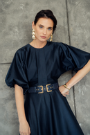 CELINA`S SILKY BELTED PUFF SLEEVE DRESS