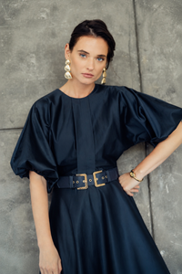 CELINA`S SILKY BELTED PUFF SLEEVE DRESS