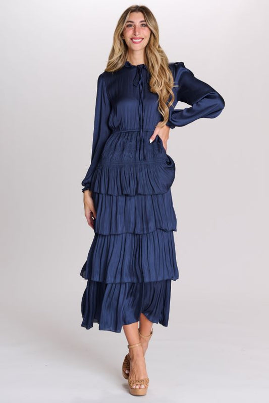 PASCAL NECK TIE TIERED SATIN DRESS W PLEATED LAYERS