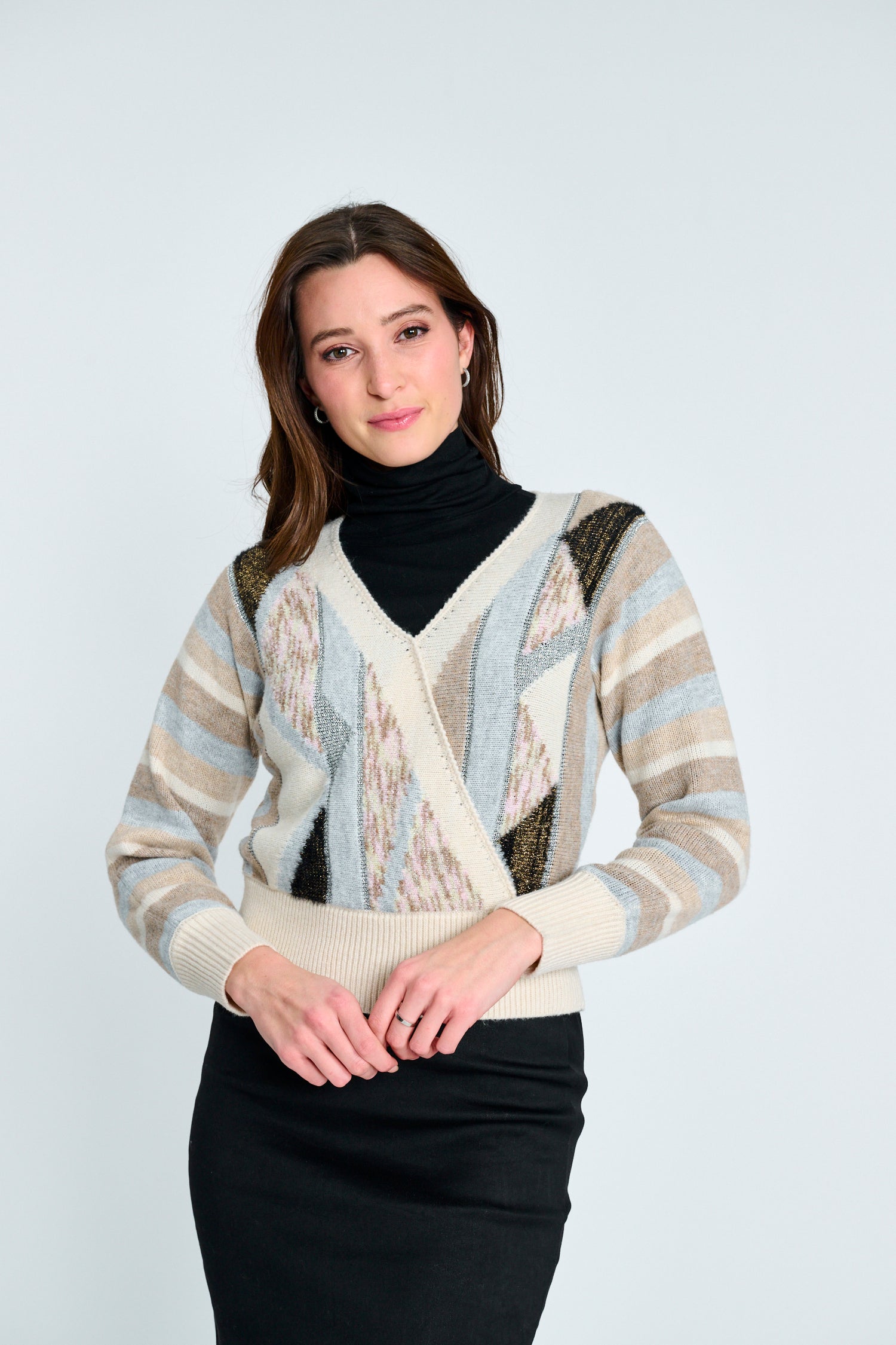 PASCAL STRIPED V NECK MULTI PRINTED SWEATER