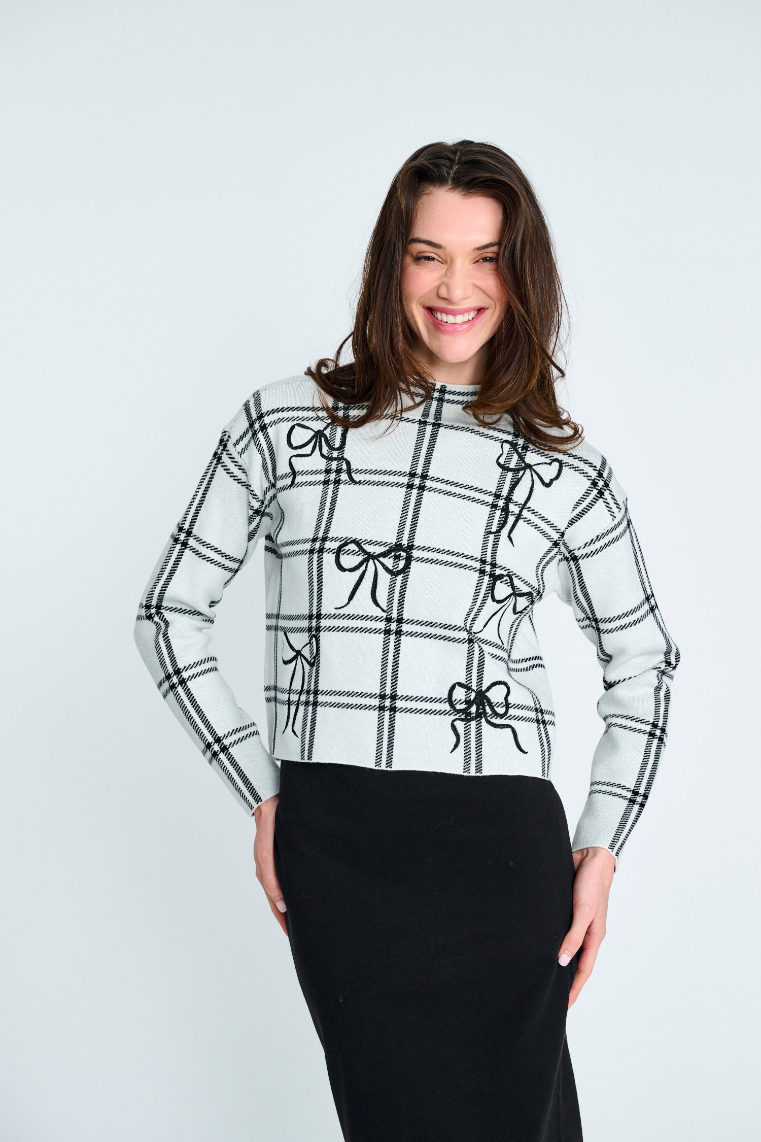 PASCAL PLAID HIGH NECK SWEATER W BOW EMBROIDERY