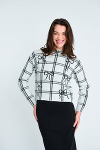 PASCAL PLAID HIGH NECK SWEATER W BOW EMBROIDERY