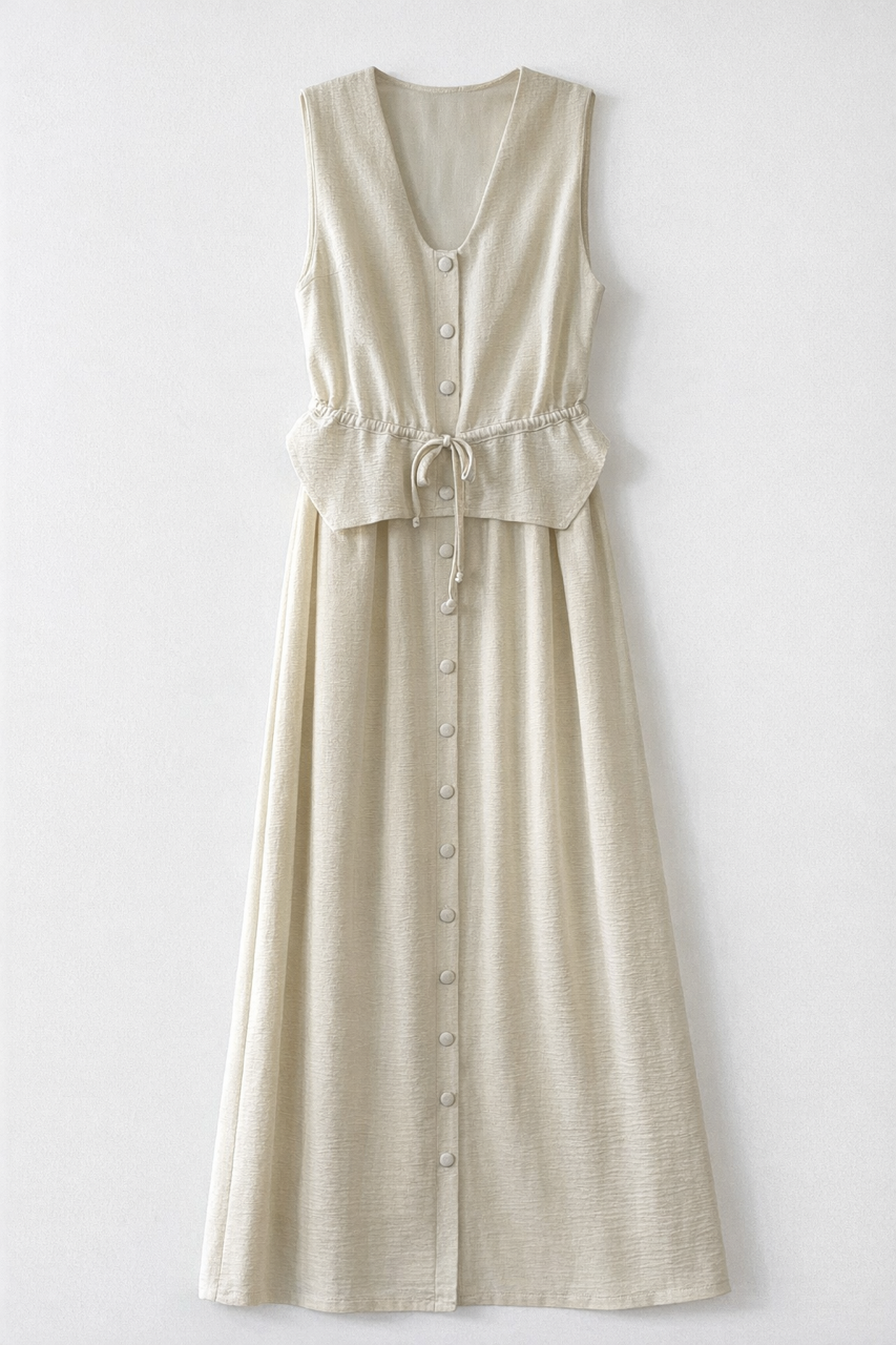 CELINA`S BUTTON-FRONT JUMPER ADJUSTABLE WAIST TIE