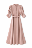 CELINA`S GATHERED SLEEVE BELTED DRESS