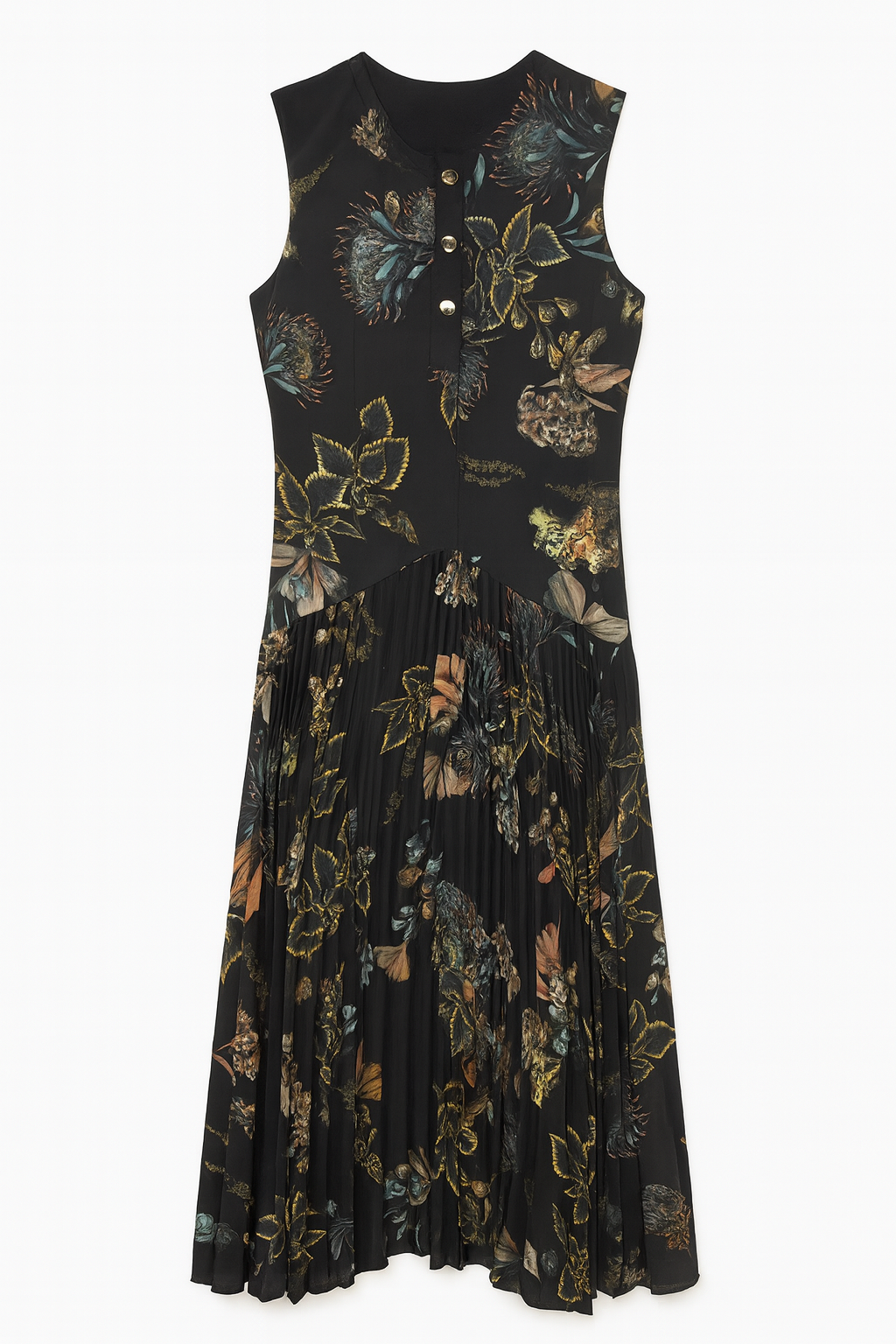 WRONG SIDE OF RIGHT ACCORDION GATHERED PRINTED JUMPER W GOLD BUTTONS