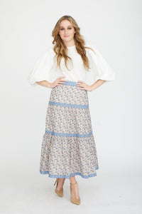 DRAW TIERED FLORAL COLORBLOCK SKIRT