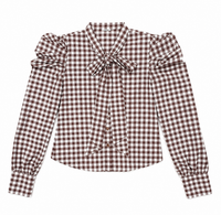 BARELLI CHECKERED PUFF SLEEVE BUTTON DOWN TOP W NECK TIE