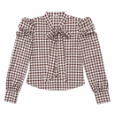 BARELLI CHECKERED PUFF SLEEVE BUTTON DOWN TOP W NECK TIE